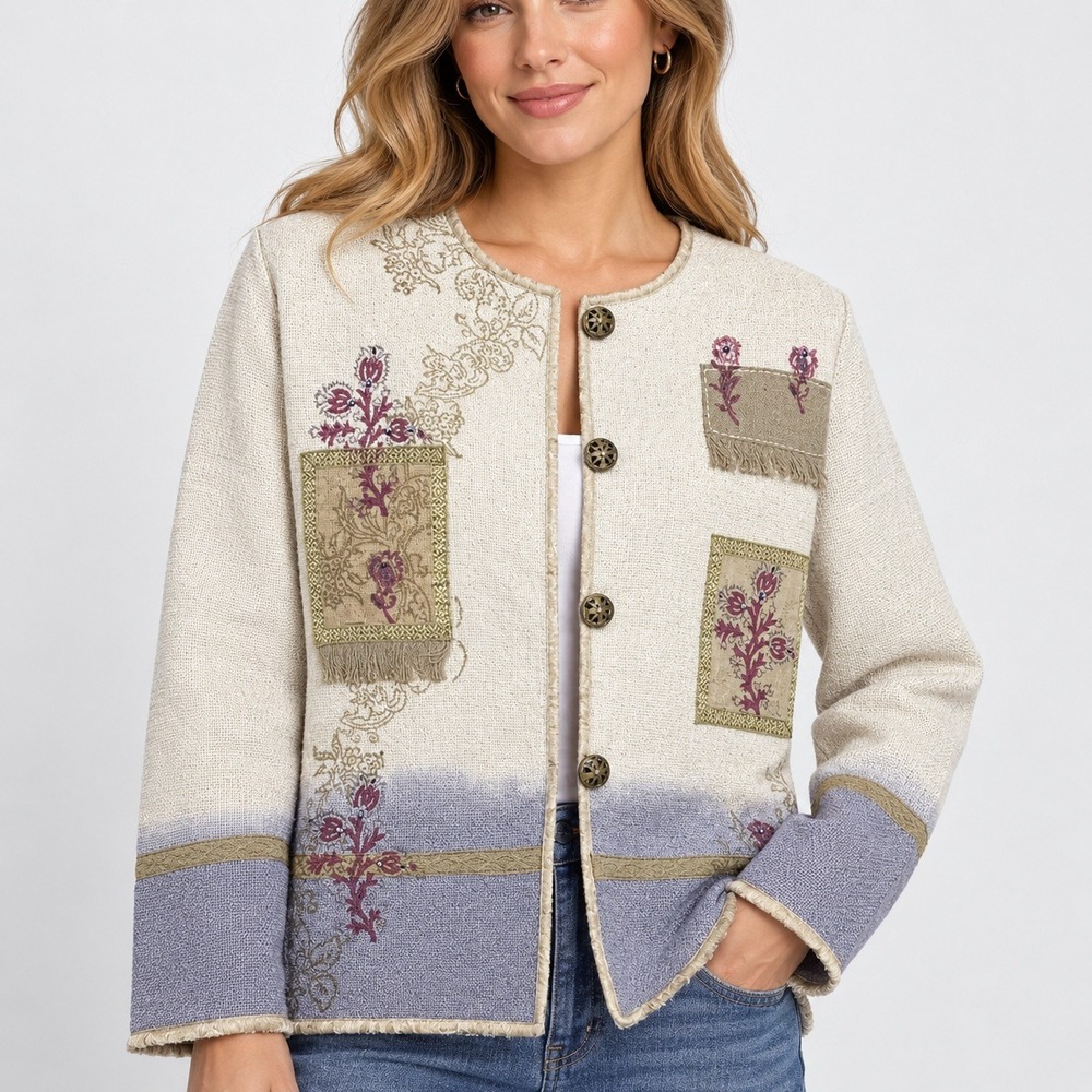 Flashback Vintage Floral Patchwork Cardigan Sweater Cream Lavender Medium